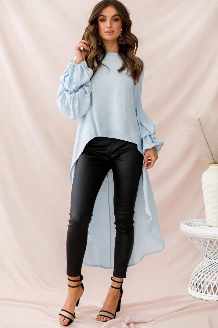 Elaine High Low Balloon Sleeve Top Blue - Ruaus