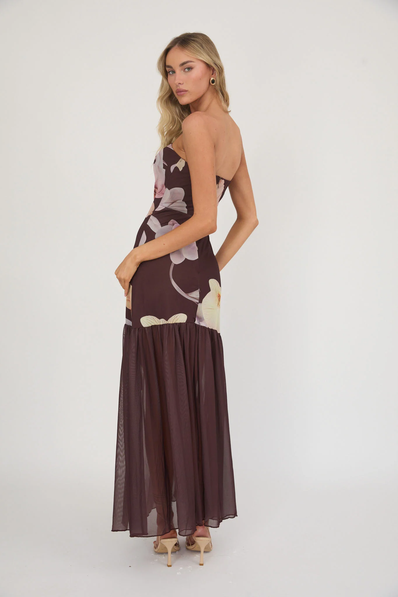 Wilma Sheer Hem Strapless Midi Dress Orchids Brown - Ruaus