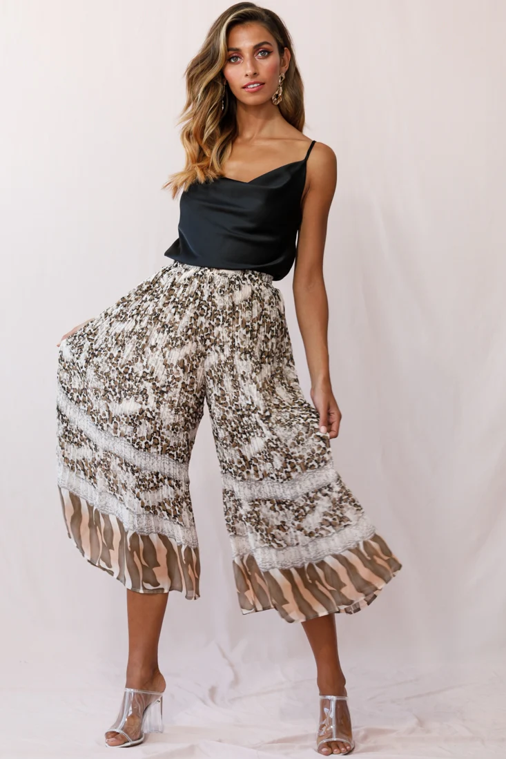 Gemini Accordion Pleat Wide Leg Pants Brown Leopard - Ruaus