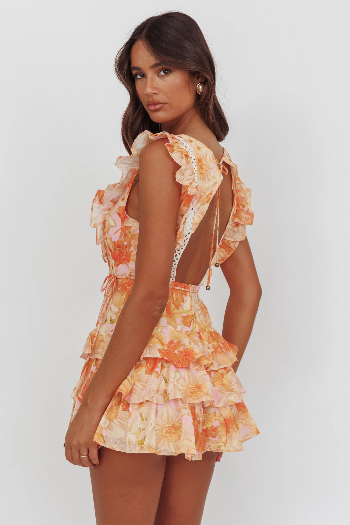 Weekend Muse Sleeveless Layered Frill Romper Flowers Yellow - Ruaus