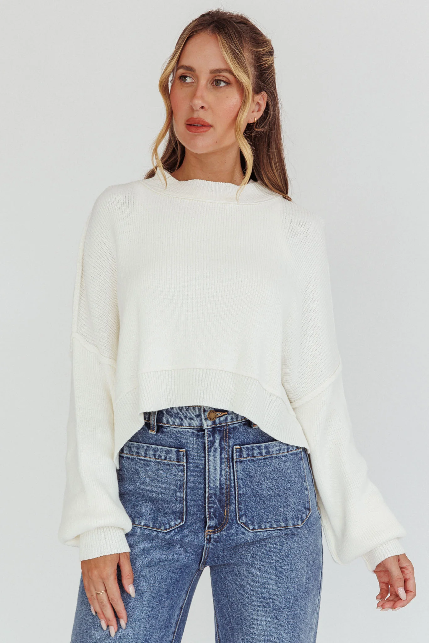 Morning Frost Crop Ribbed Knit Sweater White - Ruaus