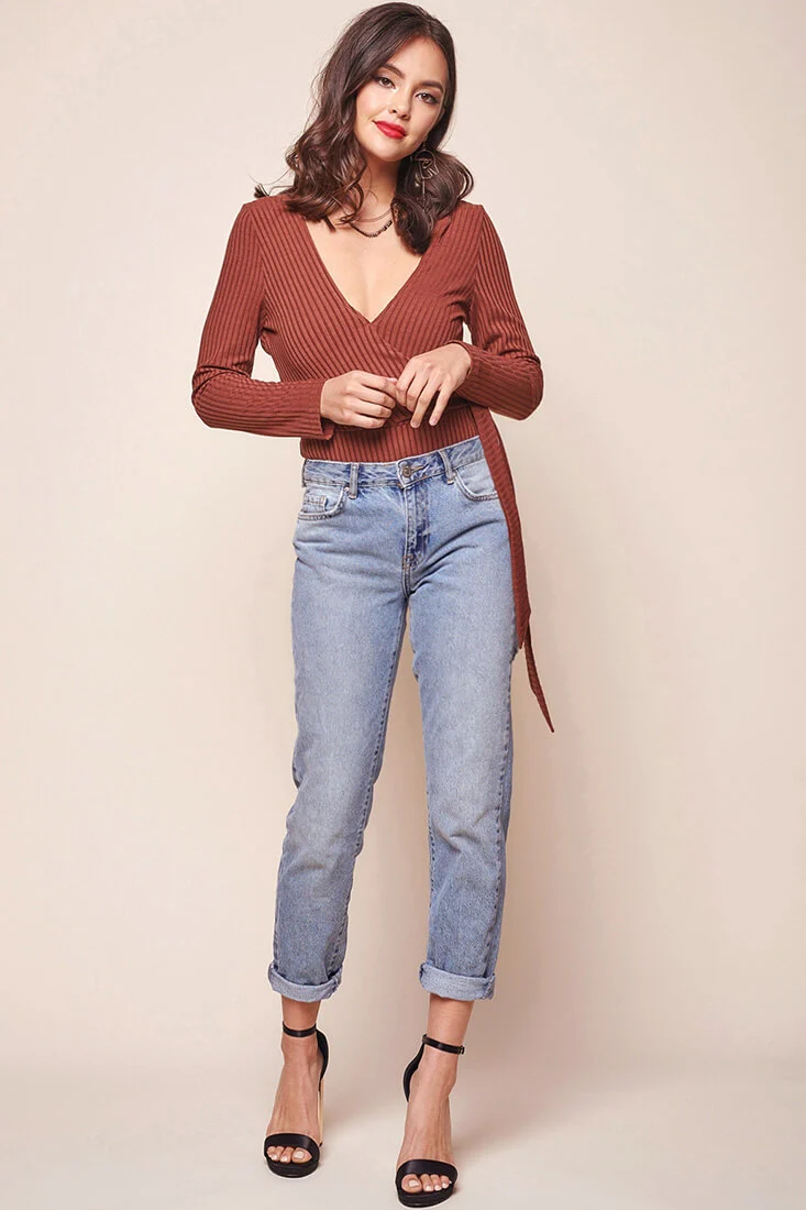 Herieth Long Sleeved Ribbed Bodysuit Chestnut - Ruaus