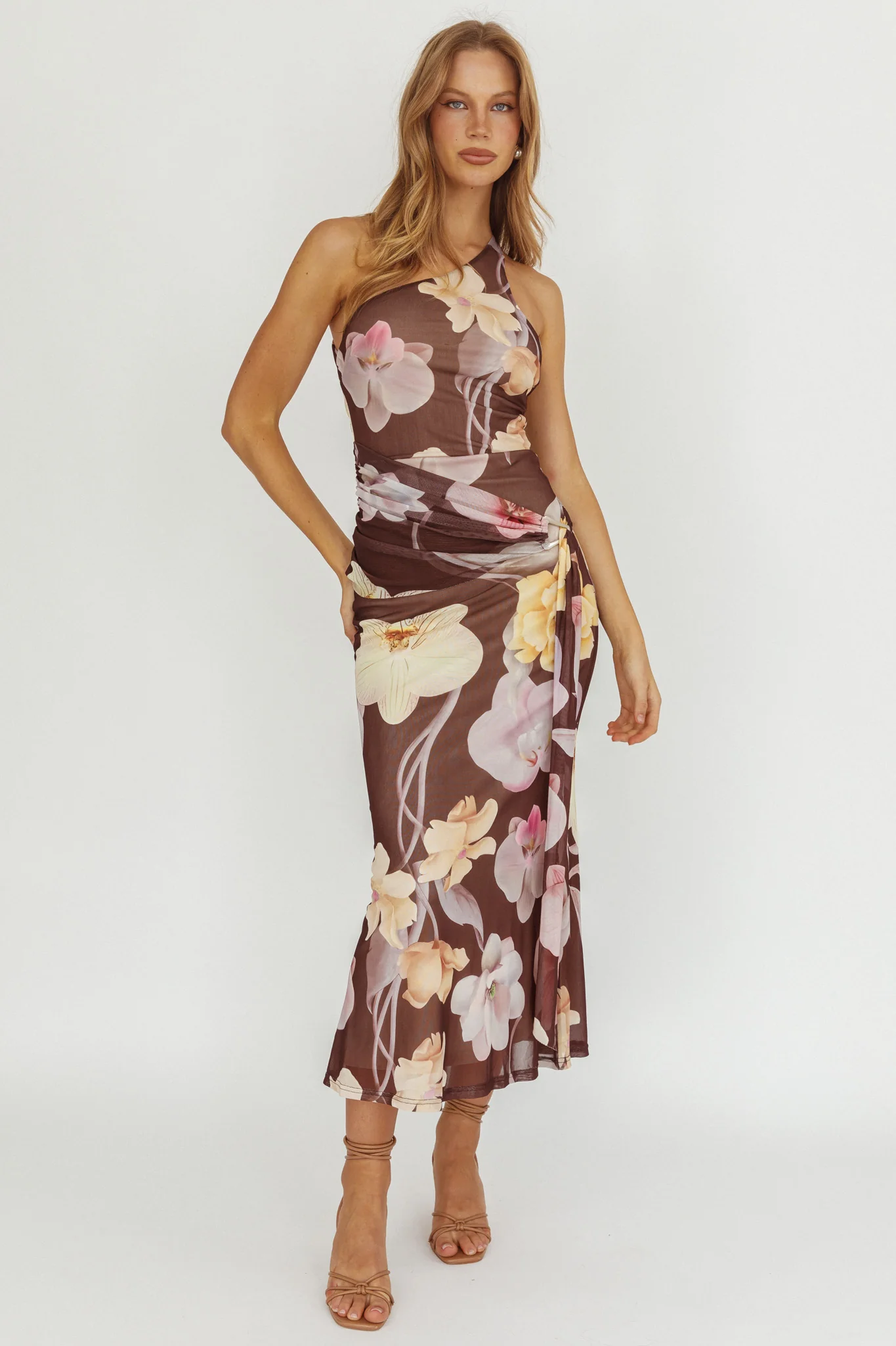 Kimbra Waist Sash Maxi Dress Floral Brown - Ruaus