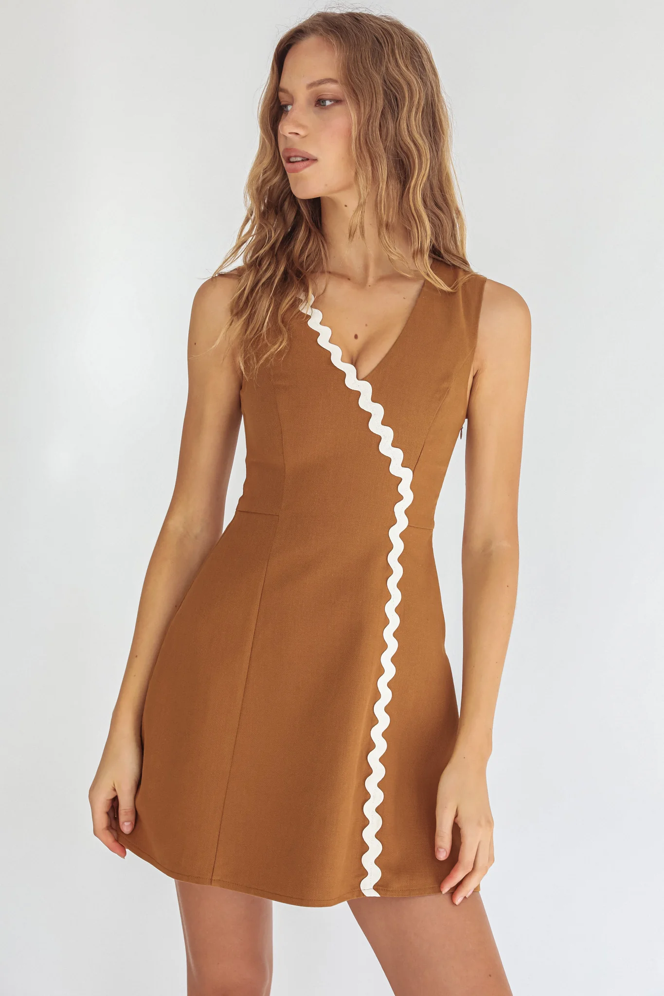 Make You Mine V-Neck Ric-Rac Mini Dress Brown - Ruaus