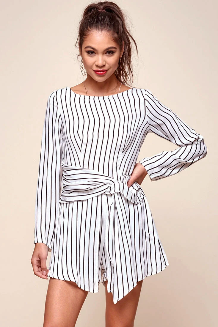Abbey Waist Tie Pinstripe Romper White & Black - Ruaus
