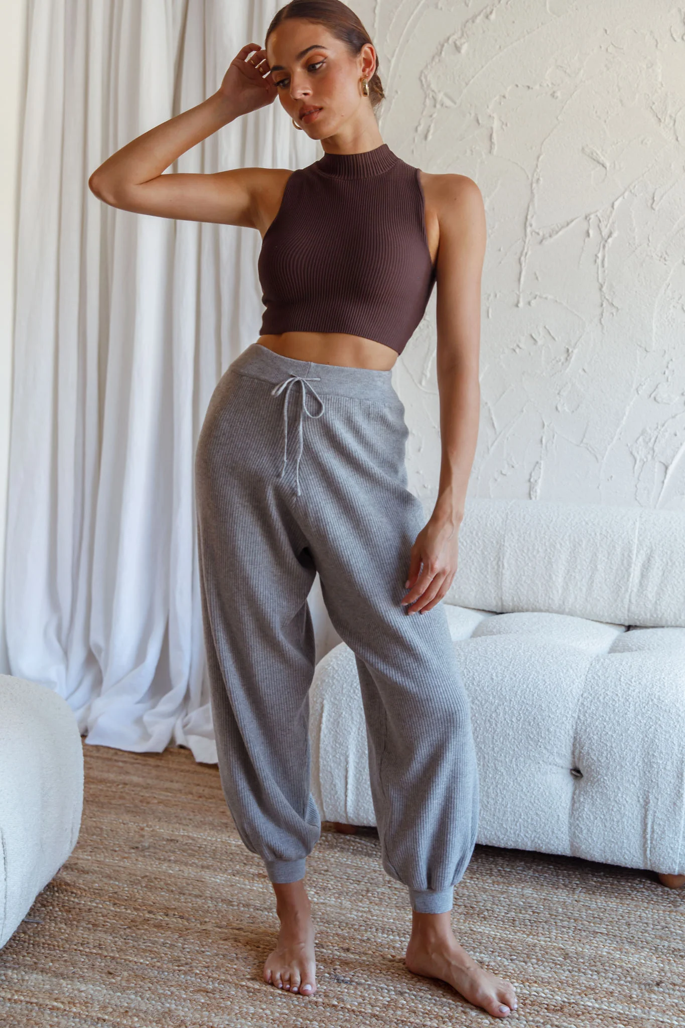 New Soul Drawstring Ribbed Knit Jogger Pants Grey Marle - Ruaus