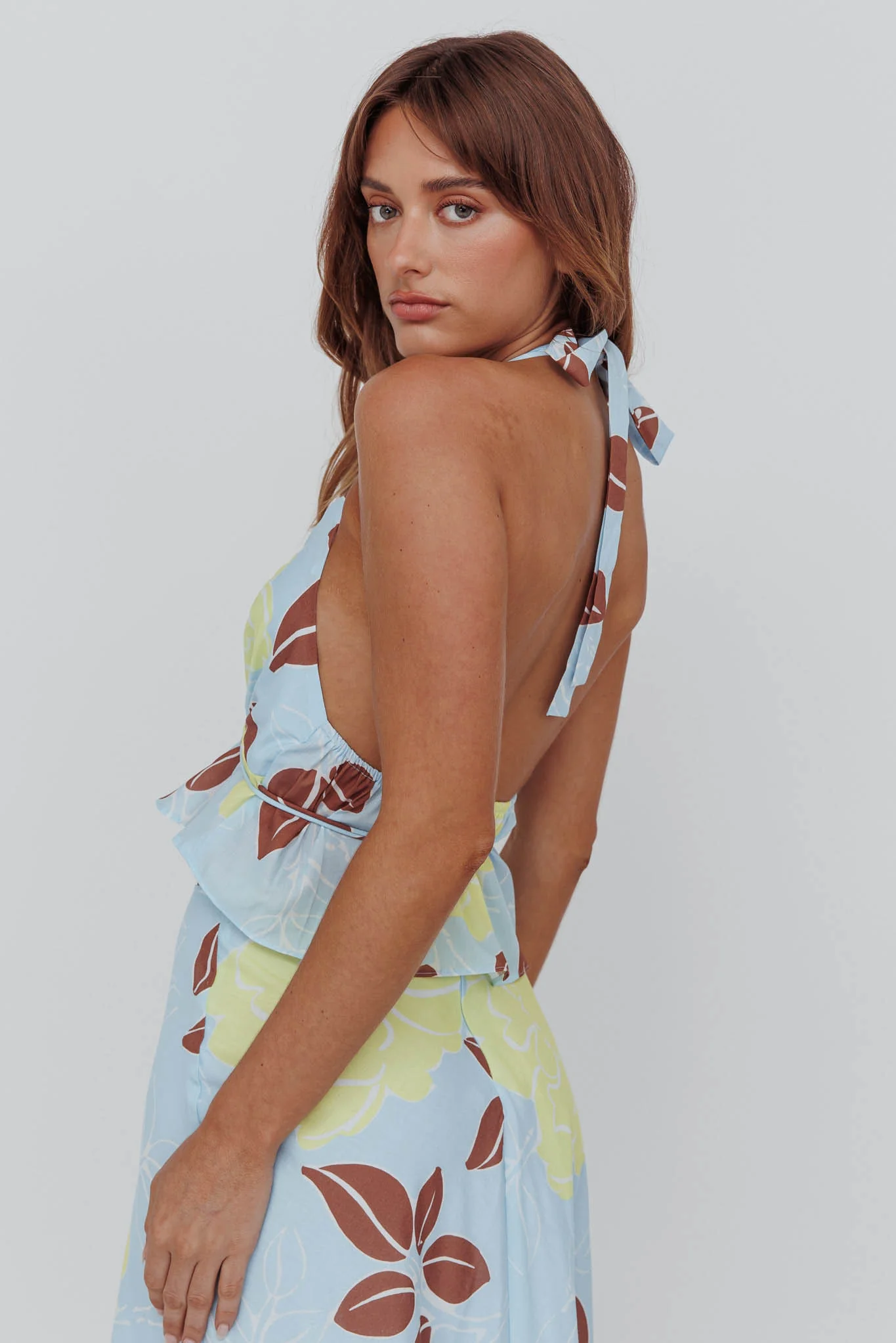 Kika Halterneck Crop Top Floral Blue - Ruaus