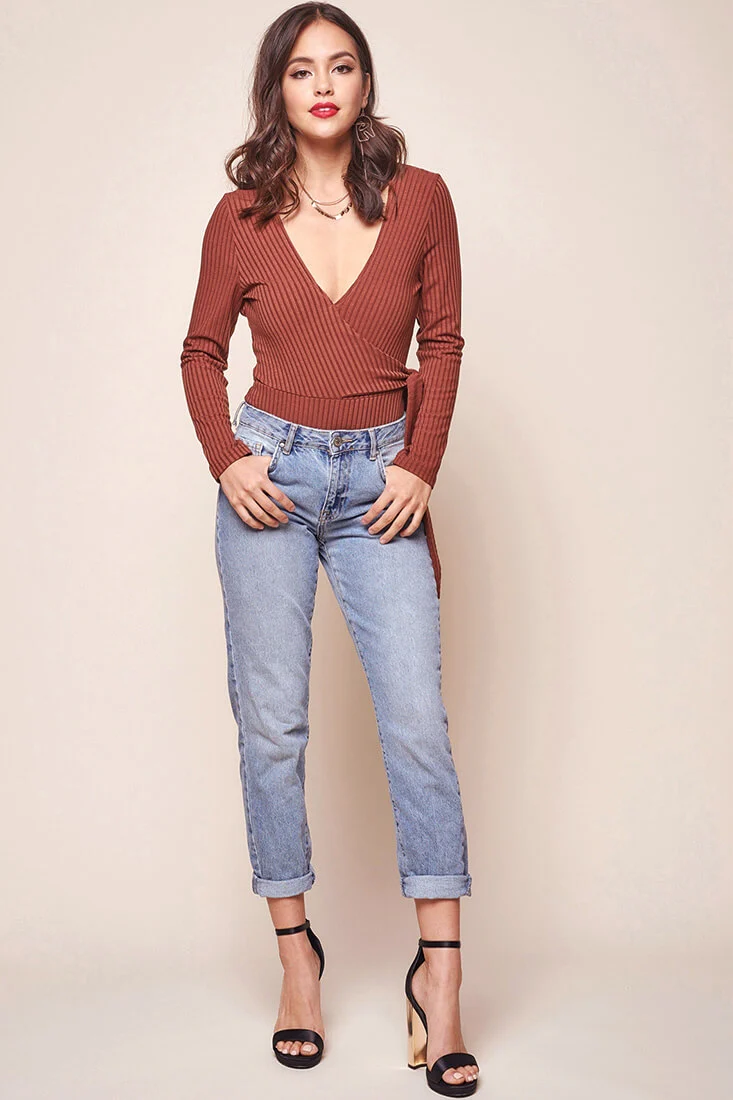 Herieth Long Sleeved Ribbed Bodysuit Chestnut - Ruaus