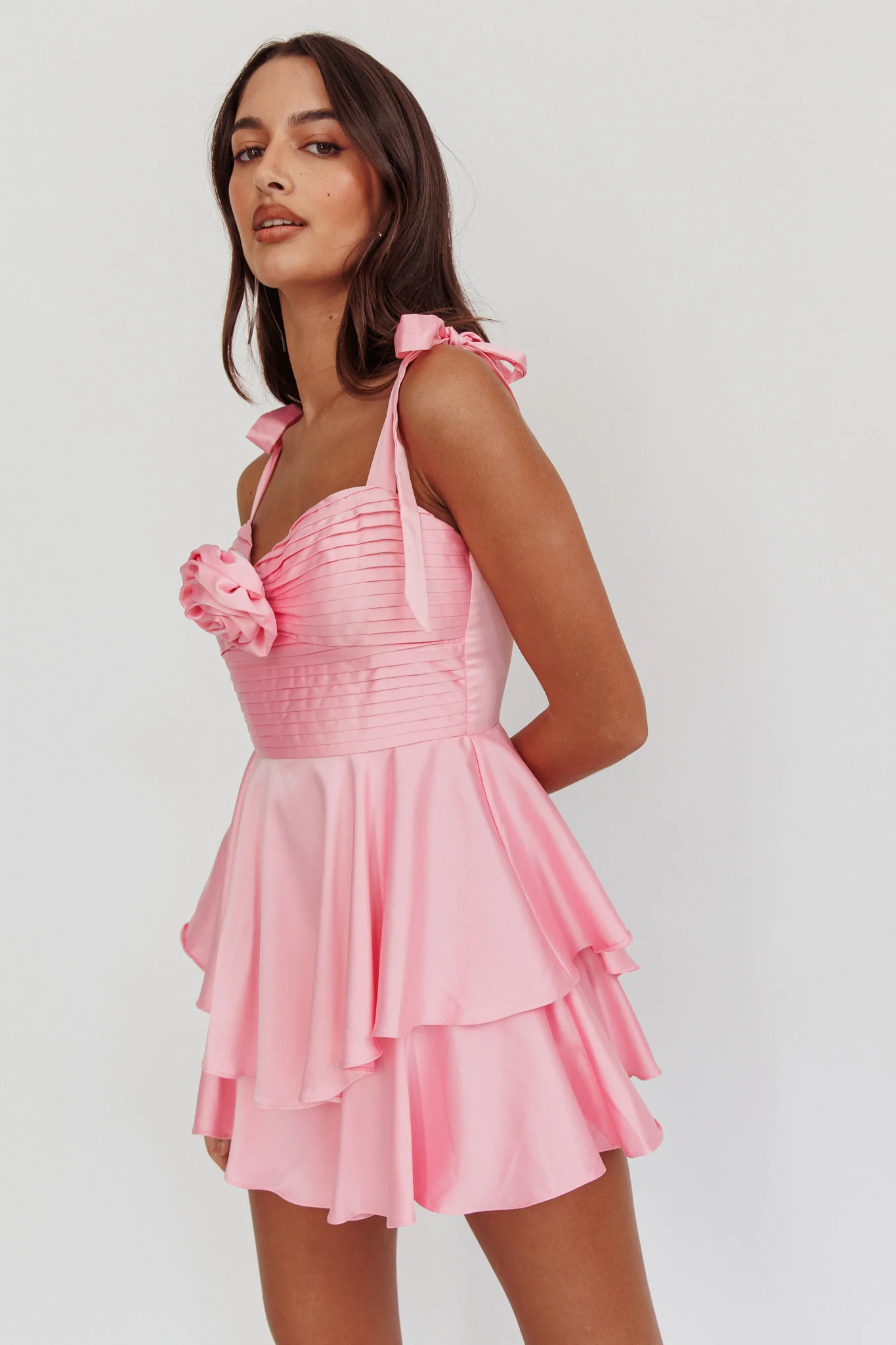 Kelia Bow Strap Rosette Romper Pink - Ruaus