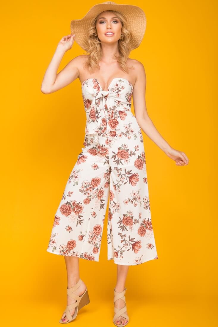 Khloe Floral Summer Bow Tie Jumpsuit White - Ruaus