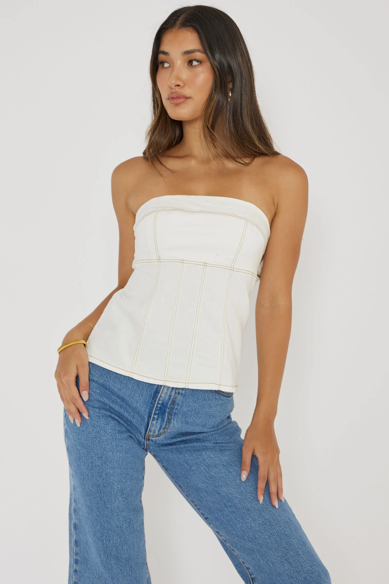 Cathlin Contrast Stitching Strapless Top White - Ruaus