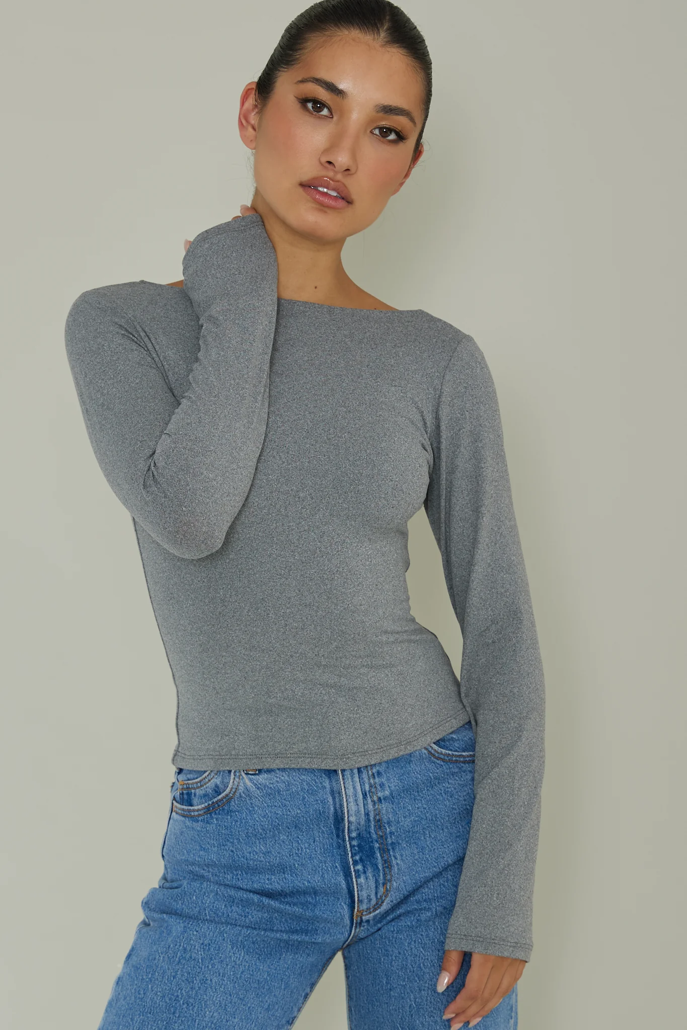 Cheers Boat Neck Long Sleeve Top Grey - Ruaus