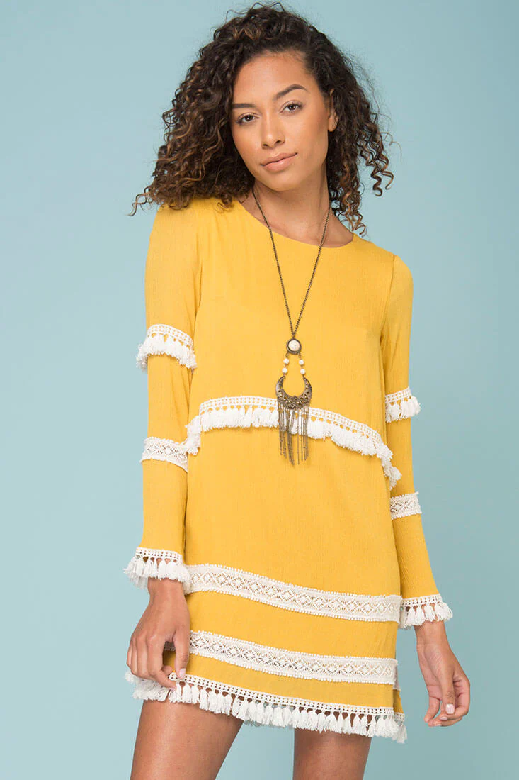 Ansley Cute Tassle Dress Yellow Mustard - Ruaus