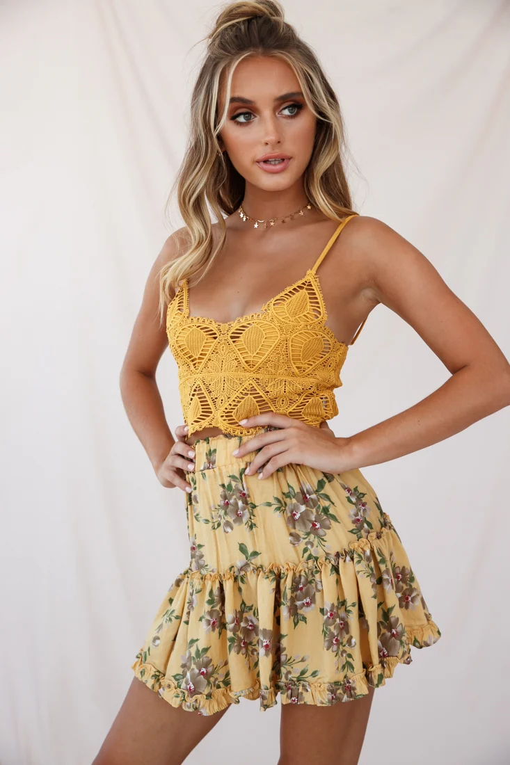 Mirage Crochet Lace Crop Top Mustard - Ruaus