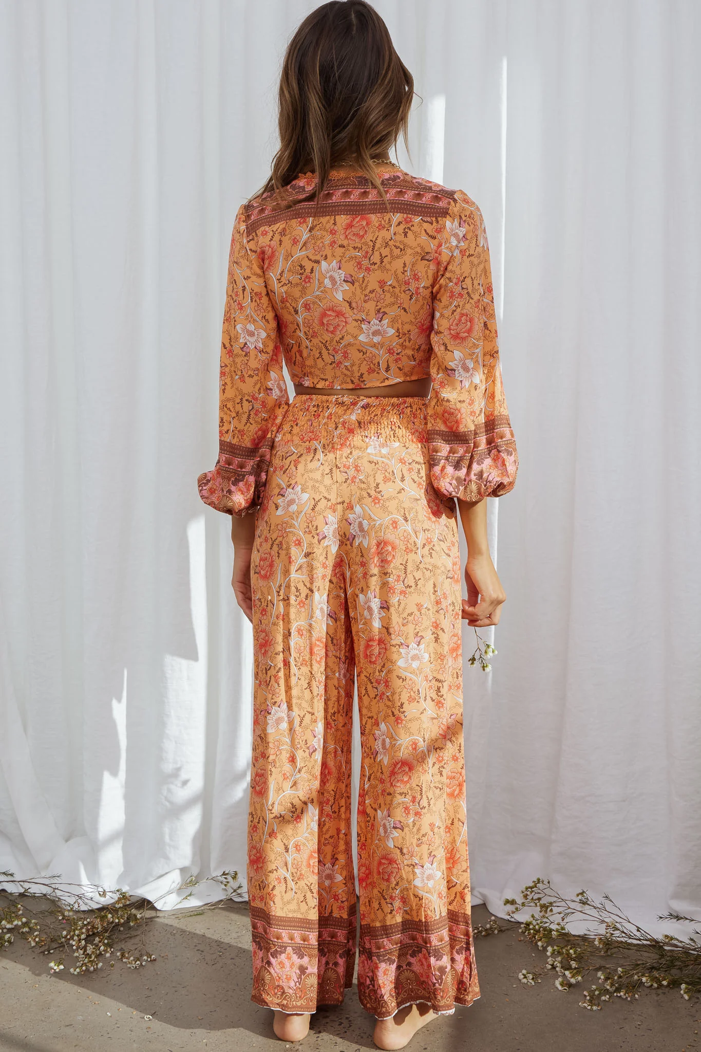 Novo Shirred Waist Long Pants Bohemian Print Orange - Ruaus