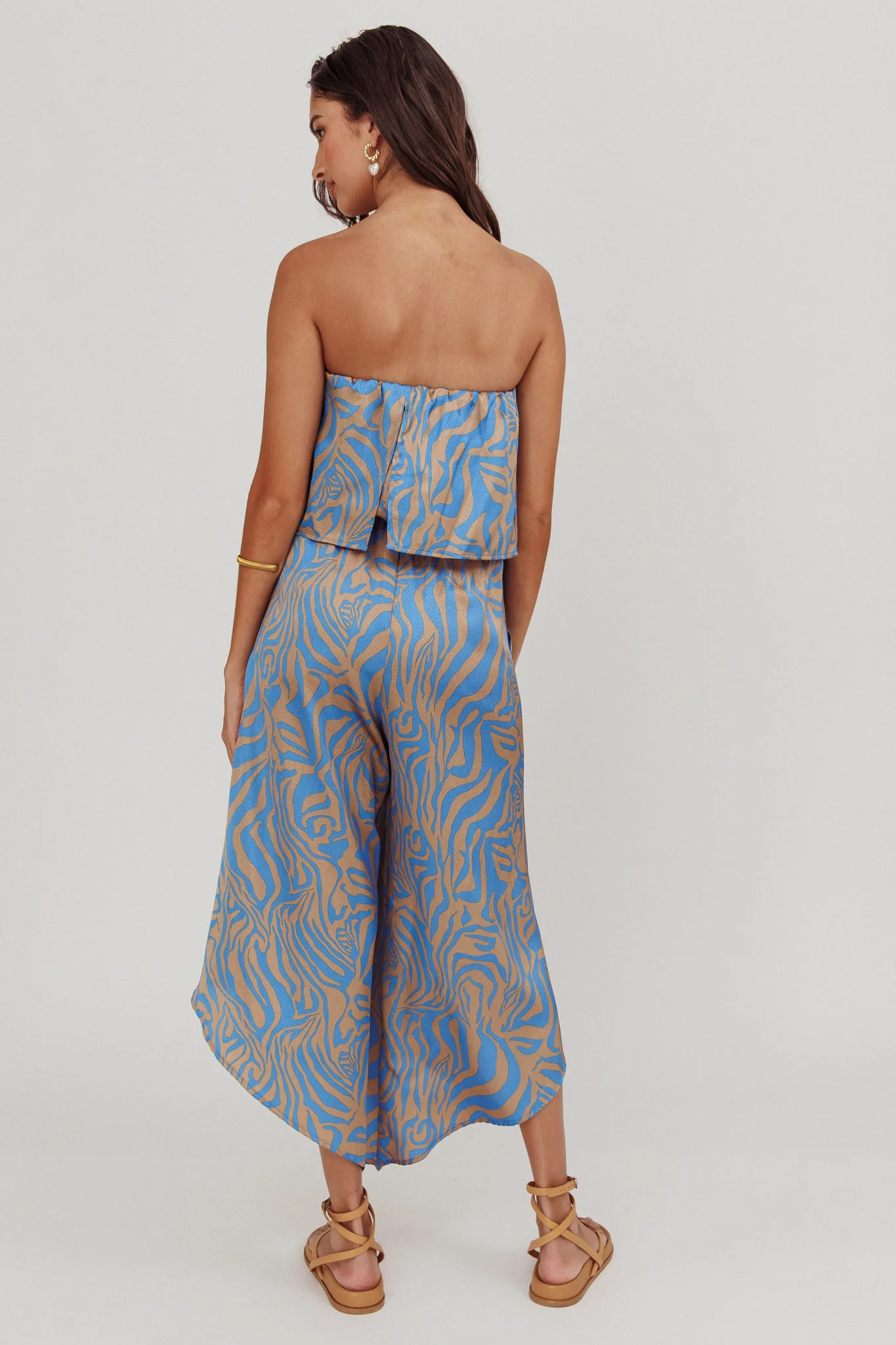 Tongue Tied Printed Strapless Jumpsuit Blue - Ruaus
