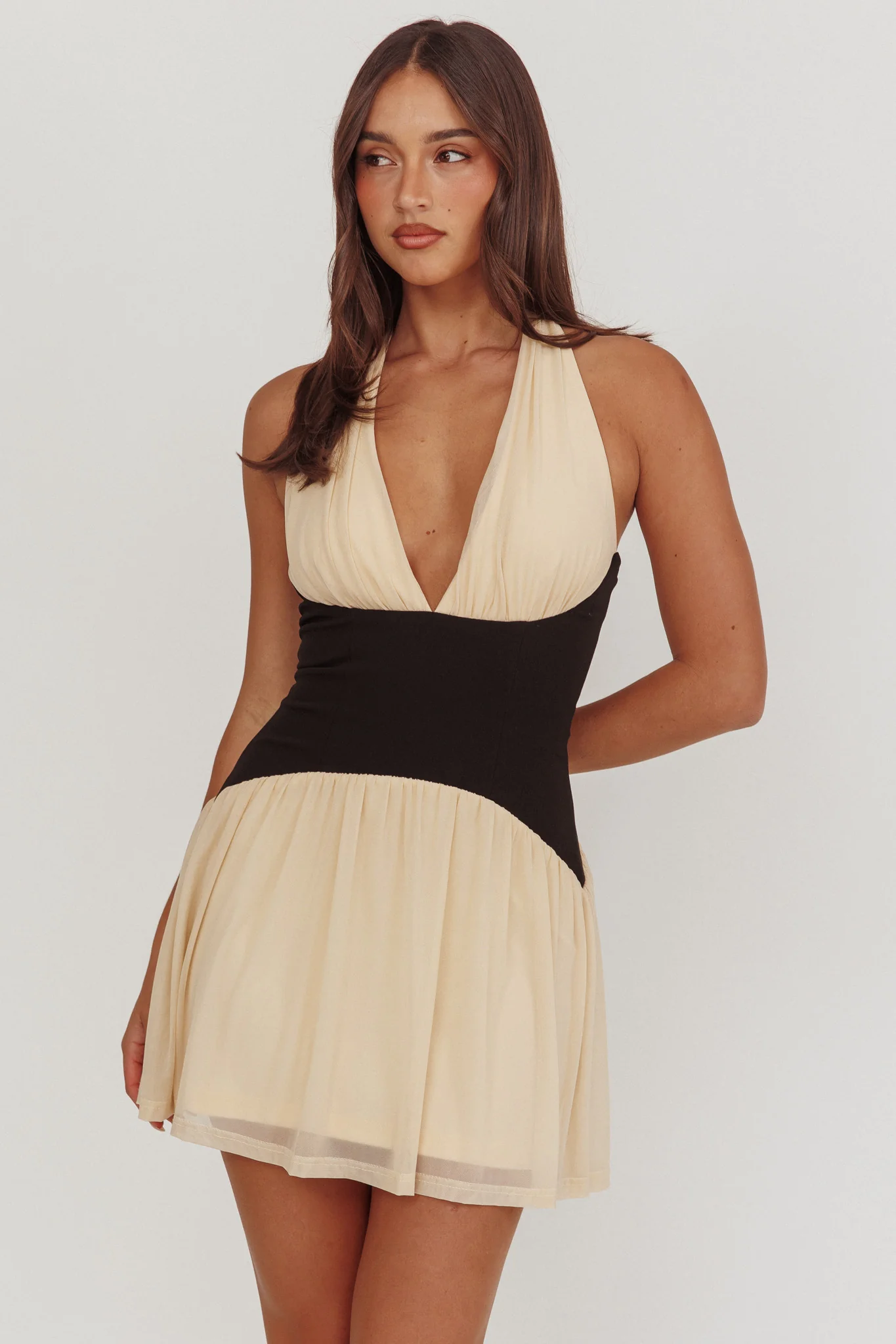 Milos Contrast Halter Mini Dress Cream - Ruaus