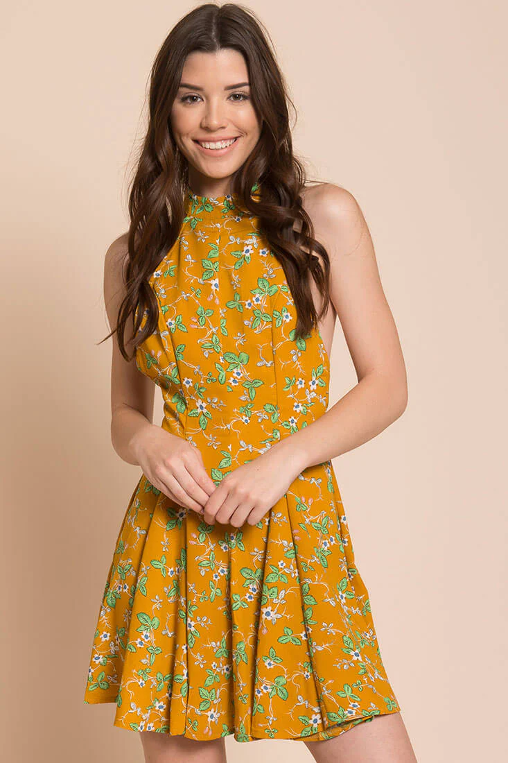 Janessa Floral Print Dress Mustard - Ruaus