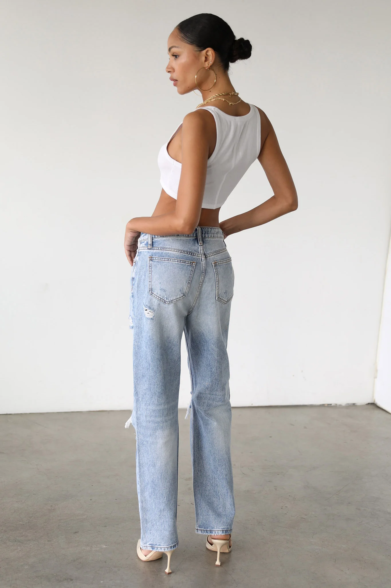 DOGMA High Rise Straight Leg Denim Jeans Distressed Light Wash - Ruaus