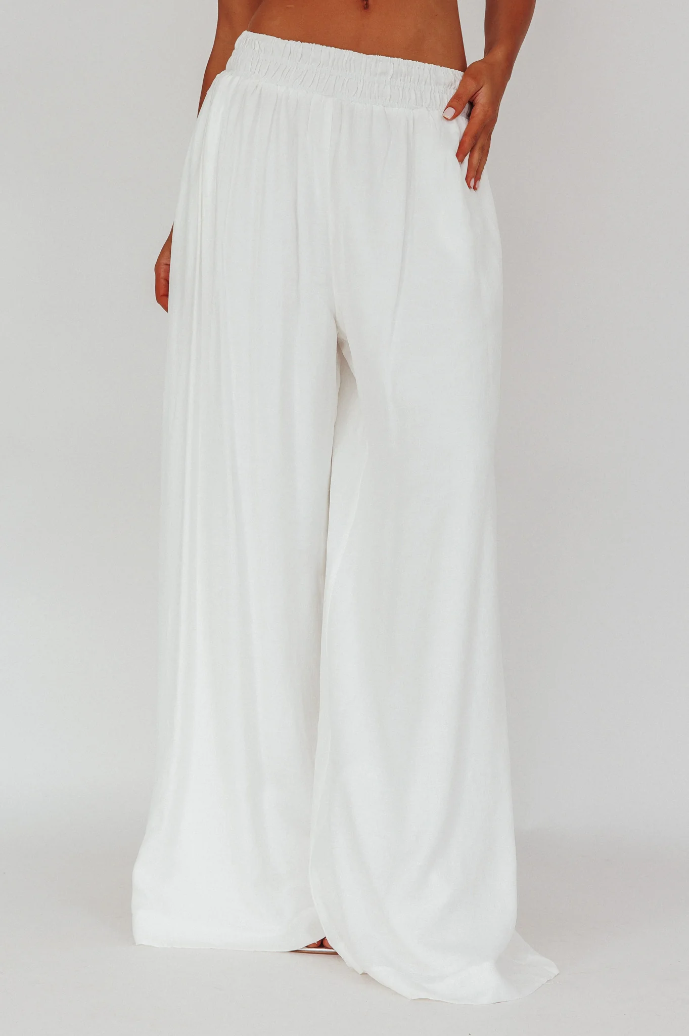 Darna Shirred Waist Wide Leg Pants Off White - Ruaus