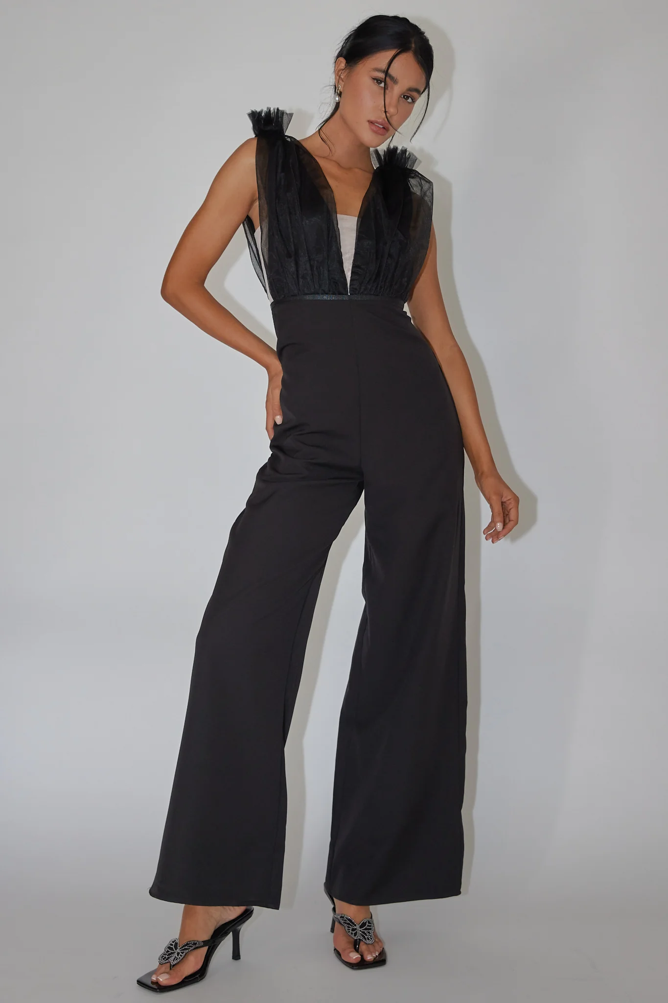 Lovinia Mesh Bodice Jumpsuit Black - Ruaus