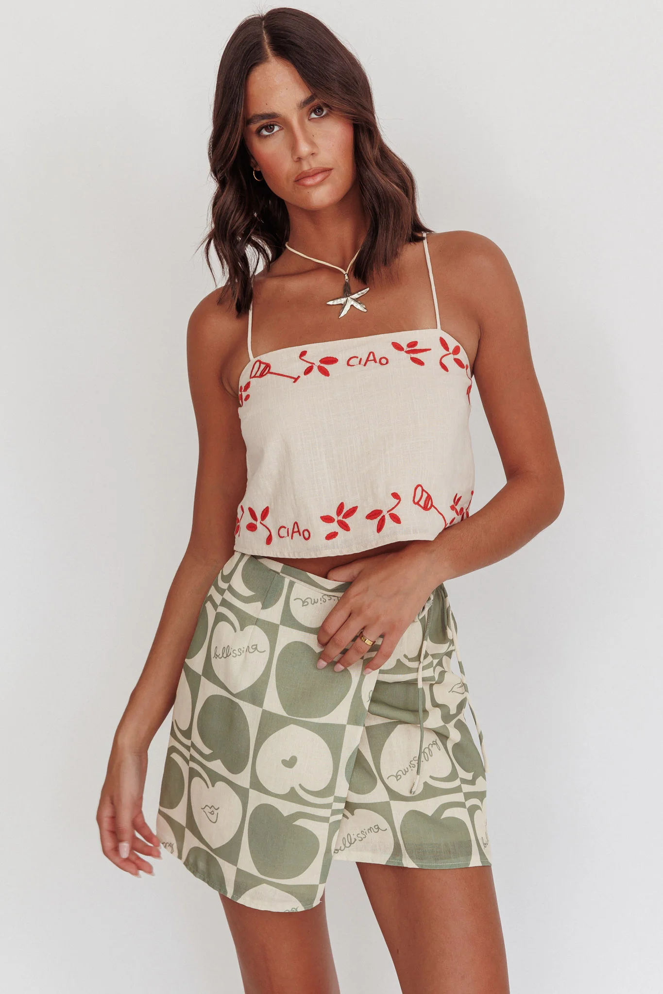 Sorrento Summer Embroidered Crop Top Oat - Ruaus