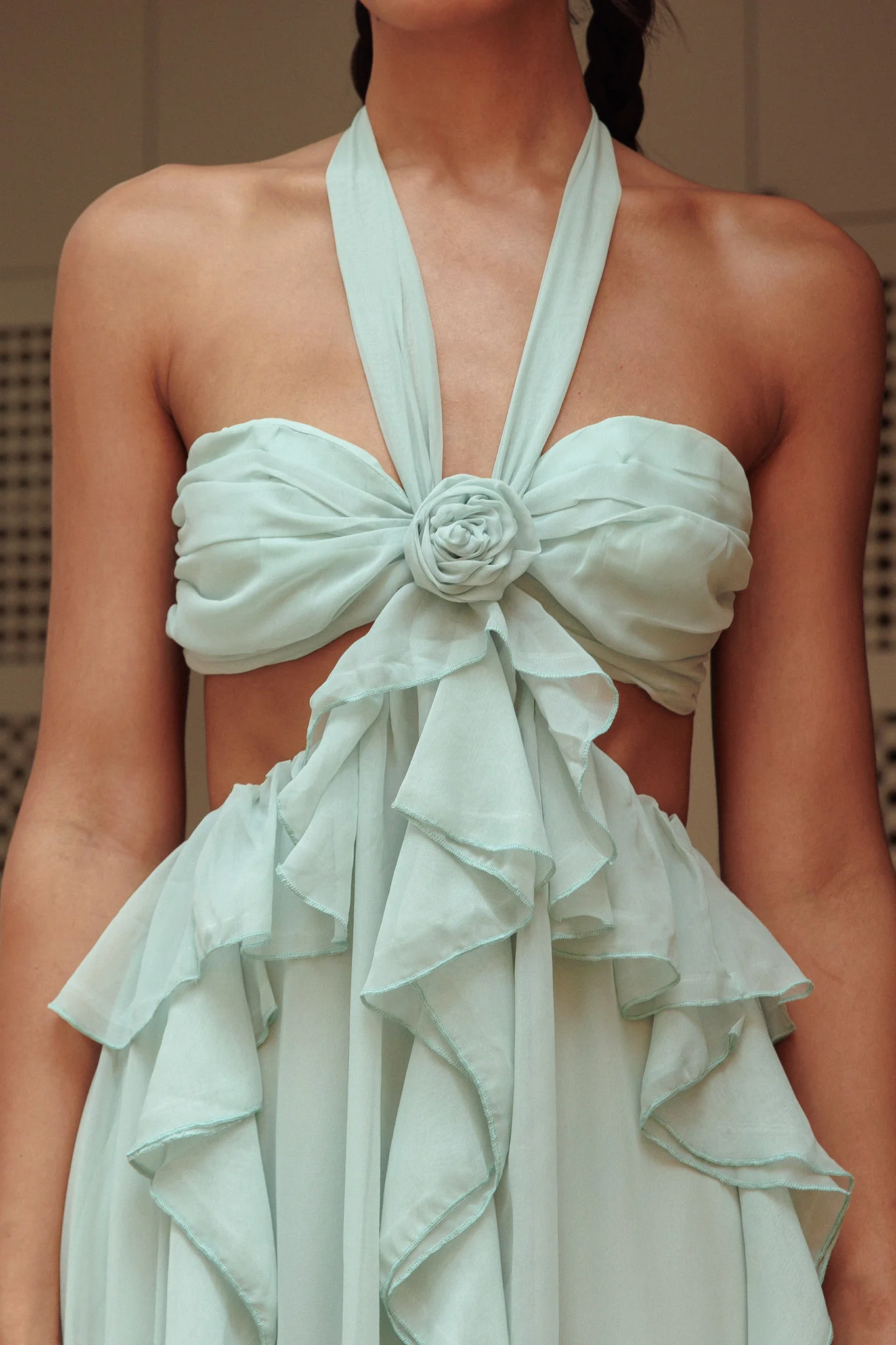 Santiago Cut-Out Ruffle Maxi Dress Sage - Ruaus