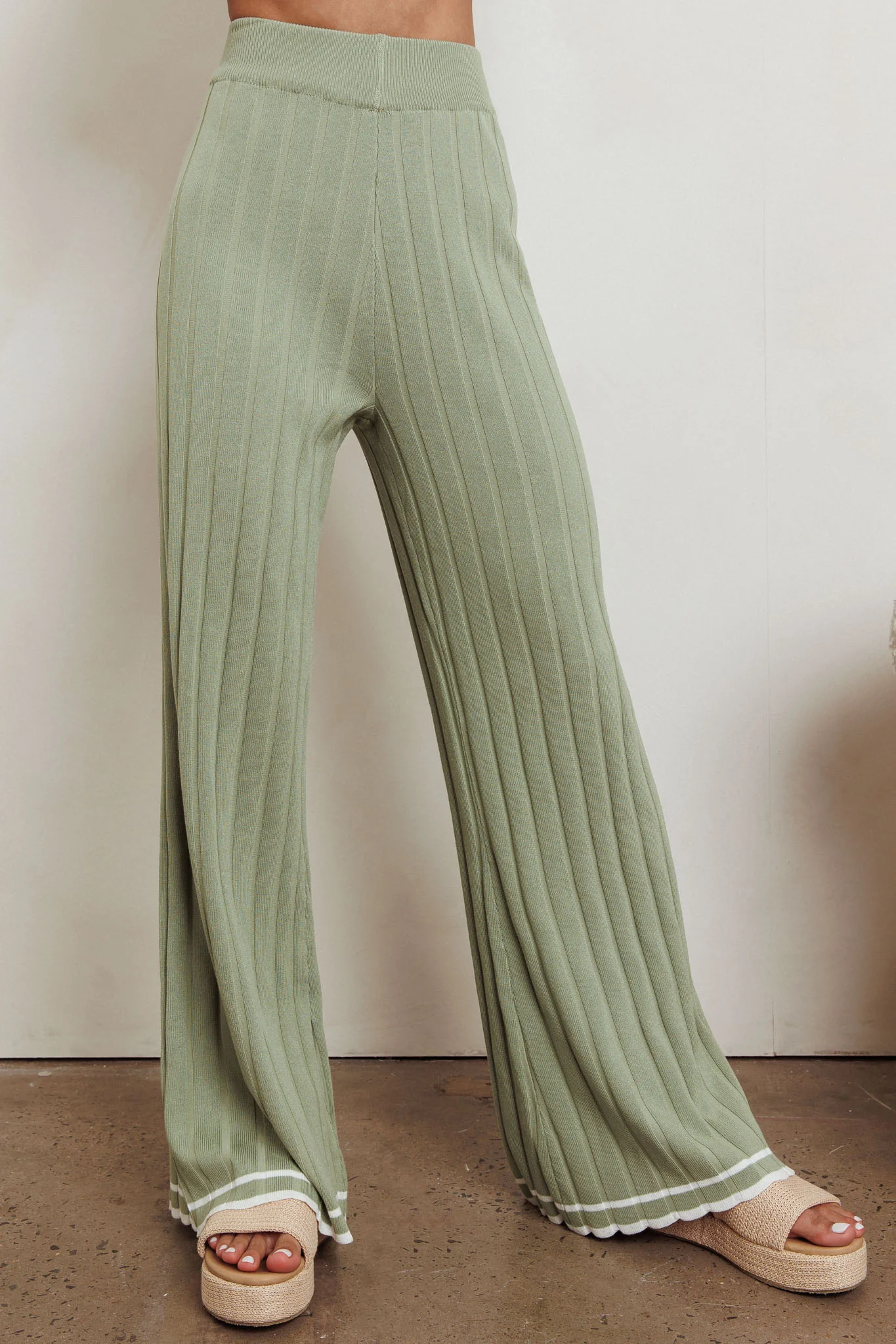 Liloh Contrast Ribbed Wide Leg Pant Sage - Ruaus