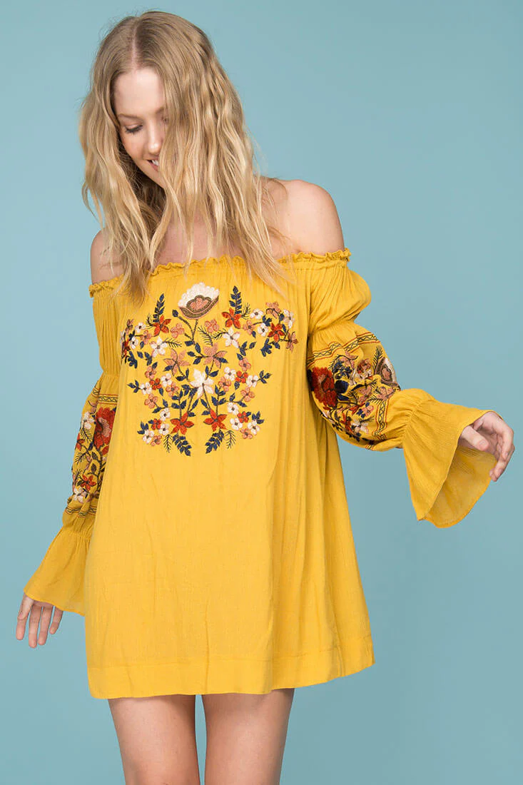 Saige Floral Day Dress Yellow Mustard - Ruaus