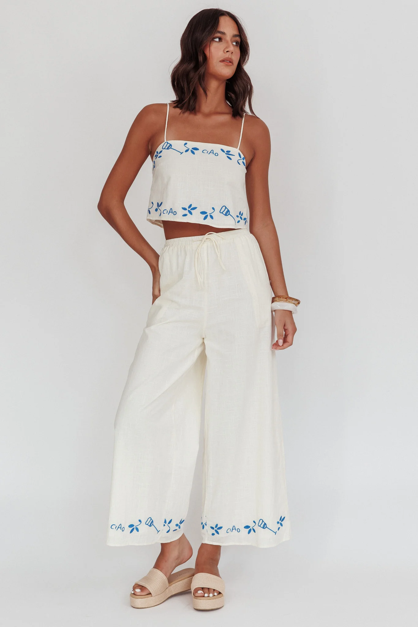 Sorrento Summer Embroidered Wide-Leg Pants Beige - Ruaus