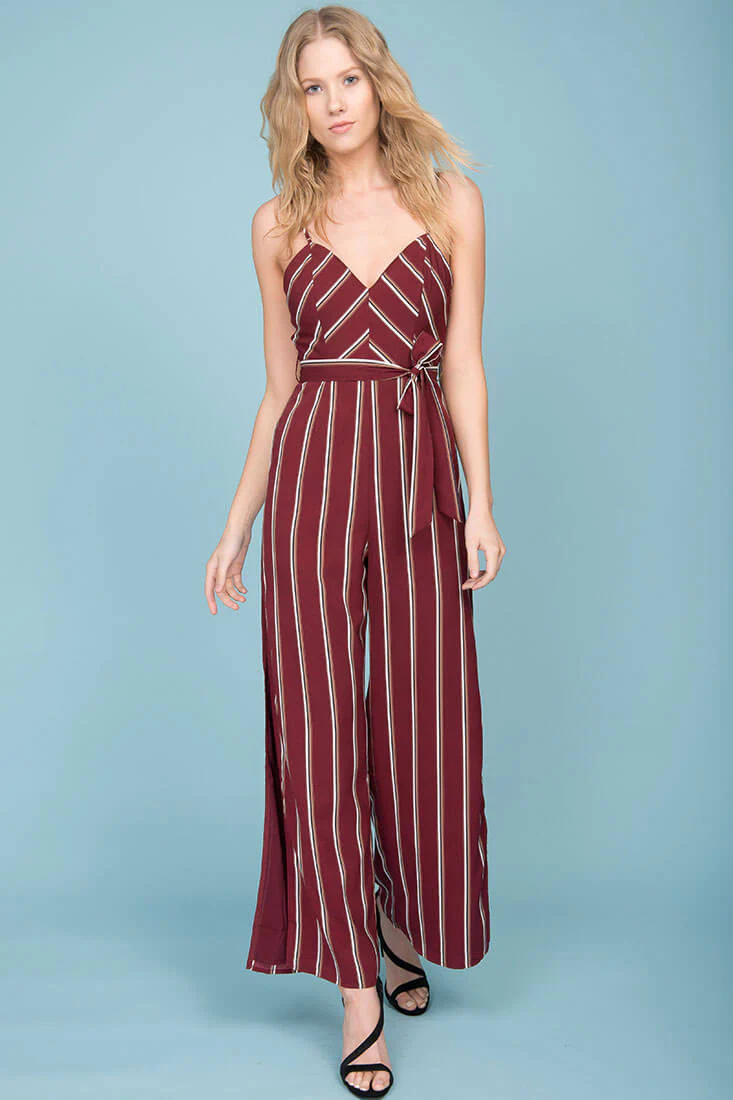 Kallie Striped Jumpsuit Wine - Ruaus