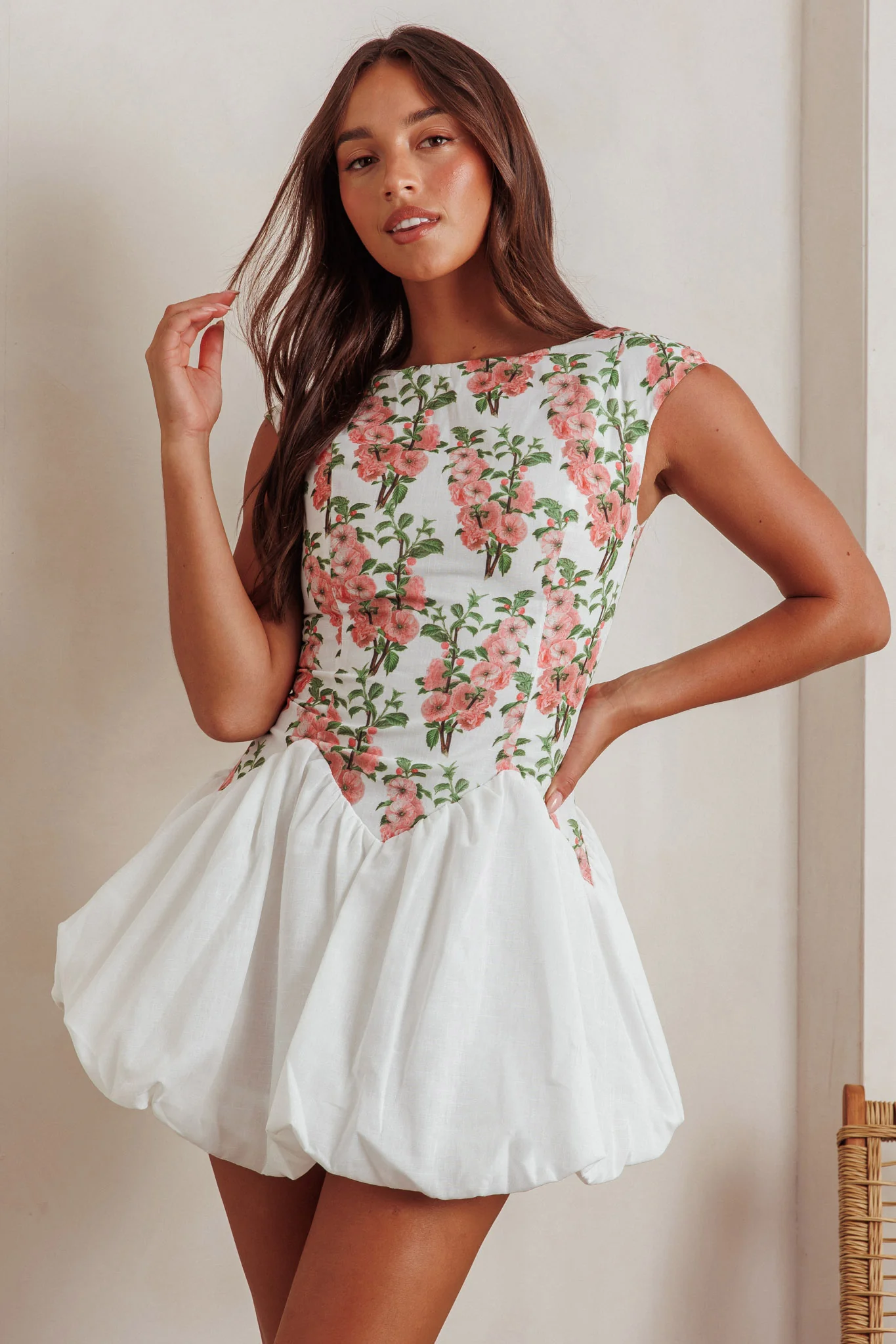 Gracelina Cap Sleeve Bubble Hem Mini Dress Floral Pink - Ruaus