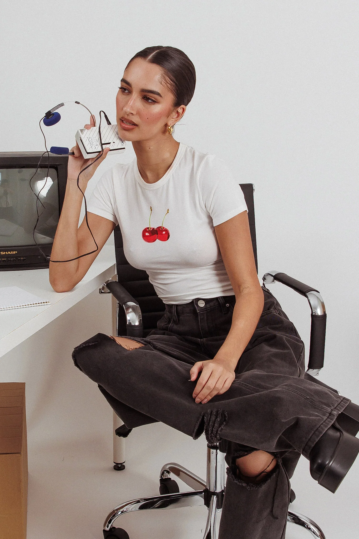 Lanna Cherry Print Baby Tee White - Ruaus