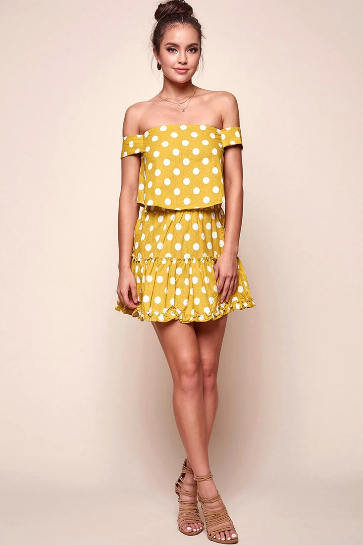 Alexi Polka Dot Off The Shoulder Top Yellow Mustard - Ruaus