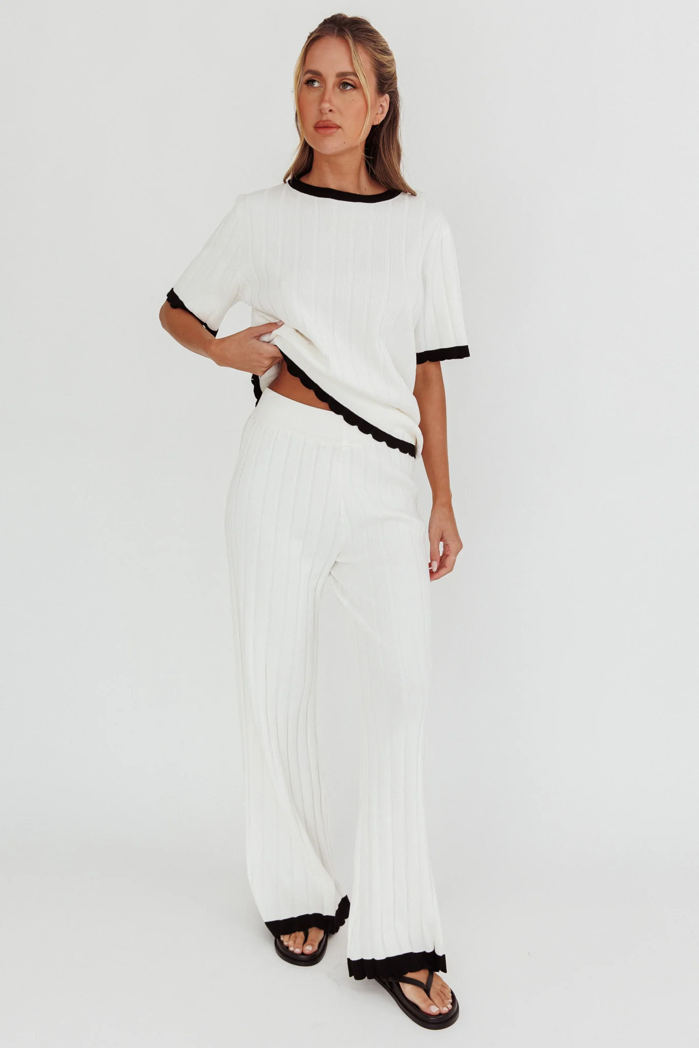Liloh Contrast Trim Ribbed Knit Pants White - Ruaus