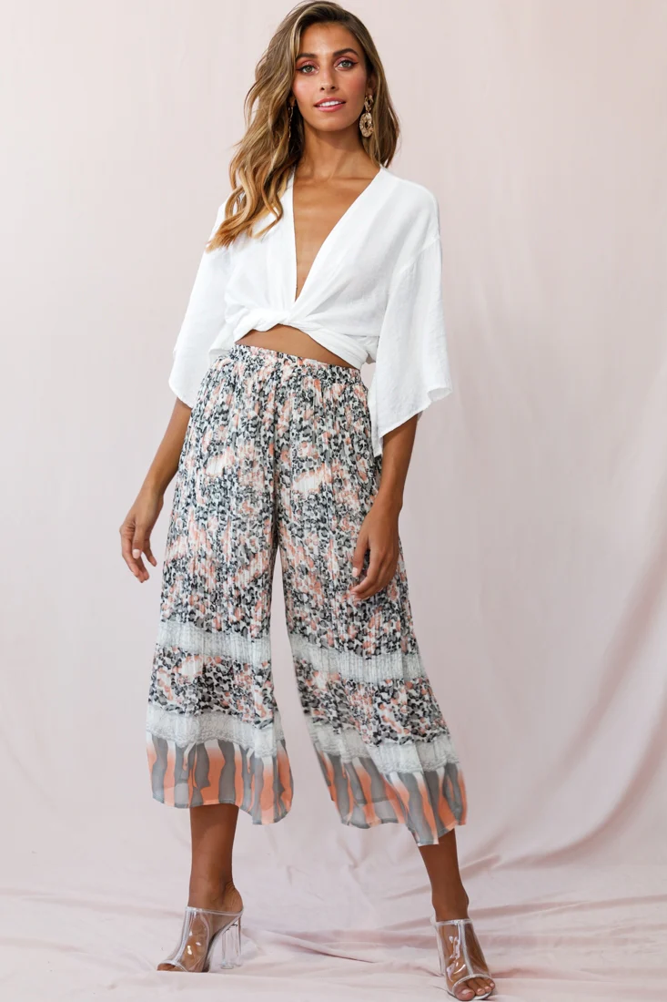 Gemini Accordion Pleat Wide Leg Pants Pink Leopard - Ruaus