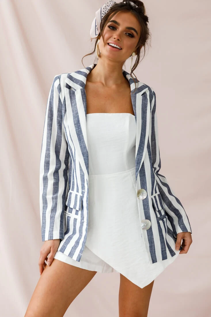 Hamptons Striped Notched Lapel Jacket Blue - Ruaus