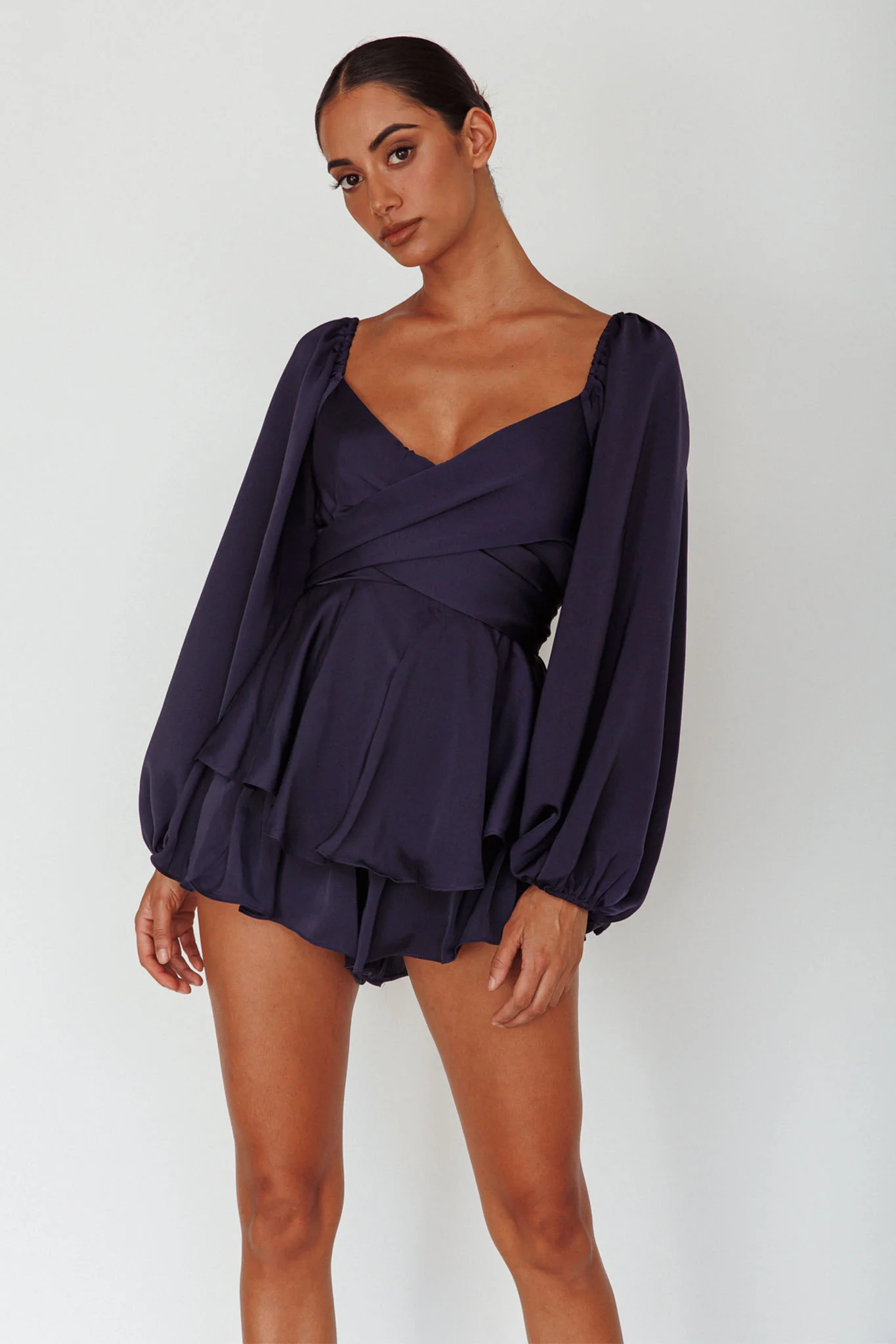 It's Complicated Long Sleeve Flounce Romper Navy - Ruaus