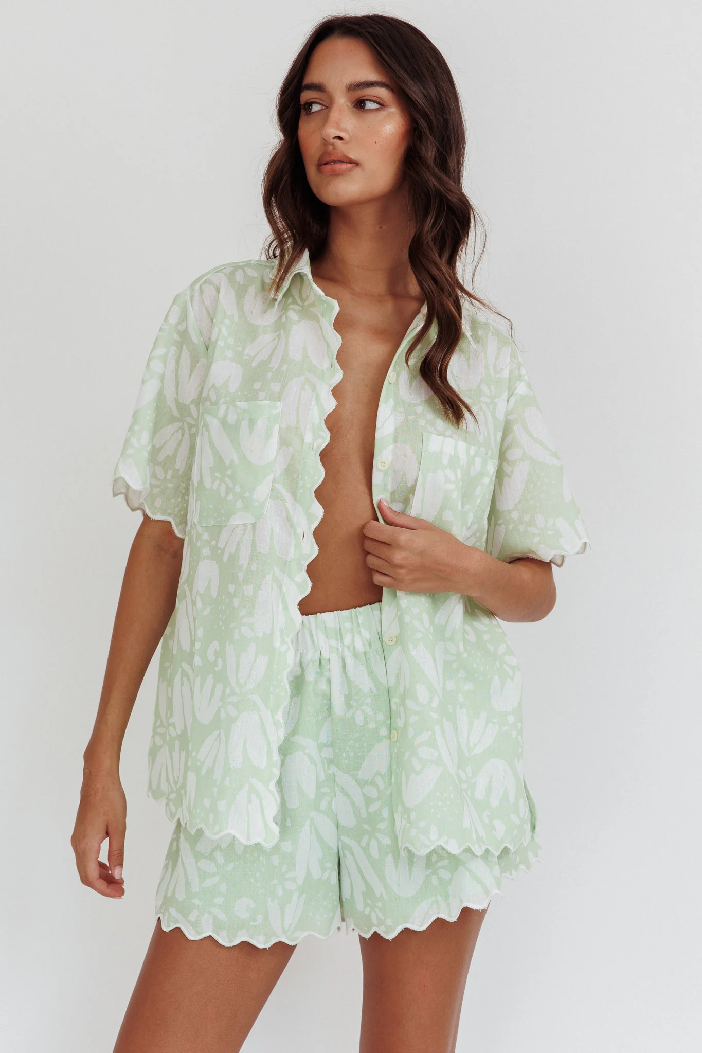 Swing Of Things Scalloped Edge Shirt Print Sage - Ruaus
