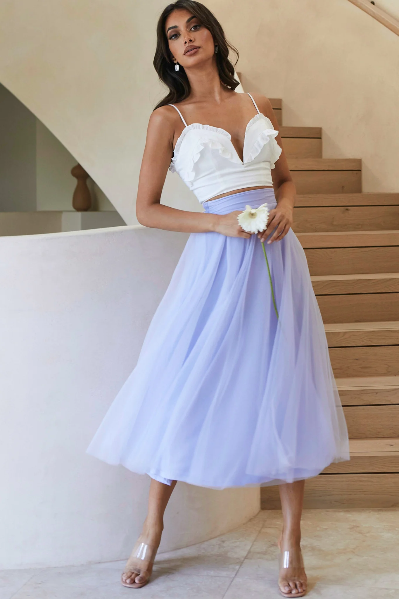 Jasmine Organza Mesh Elasticated Waist Midi Skirt Lavender - Ruaus