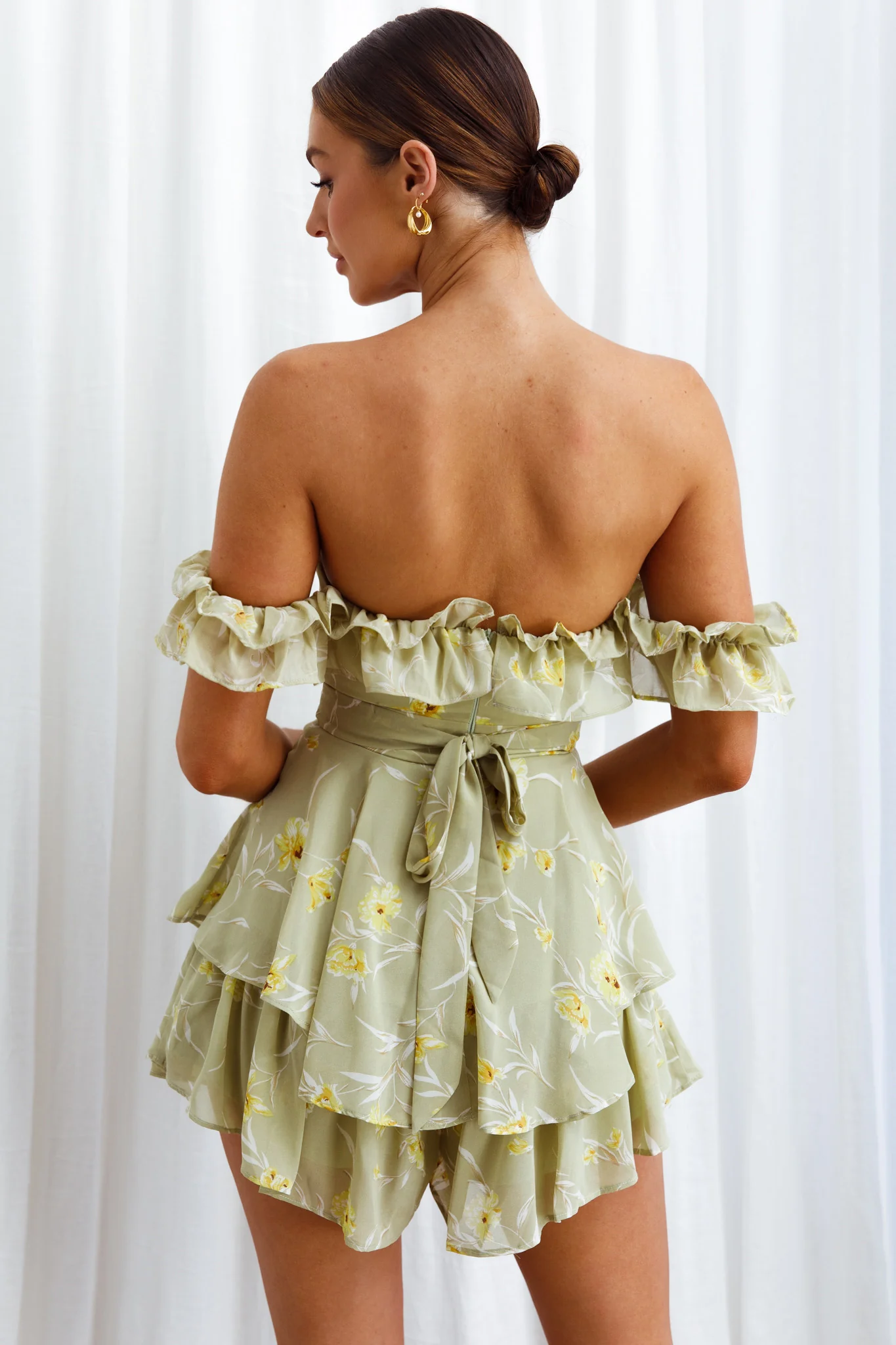 Verona Off-Shoulder Romper Floral Print Olive - Ruaus