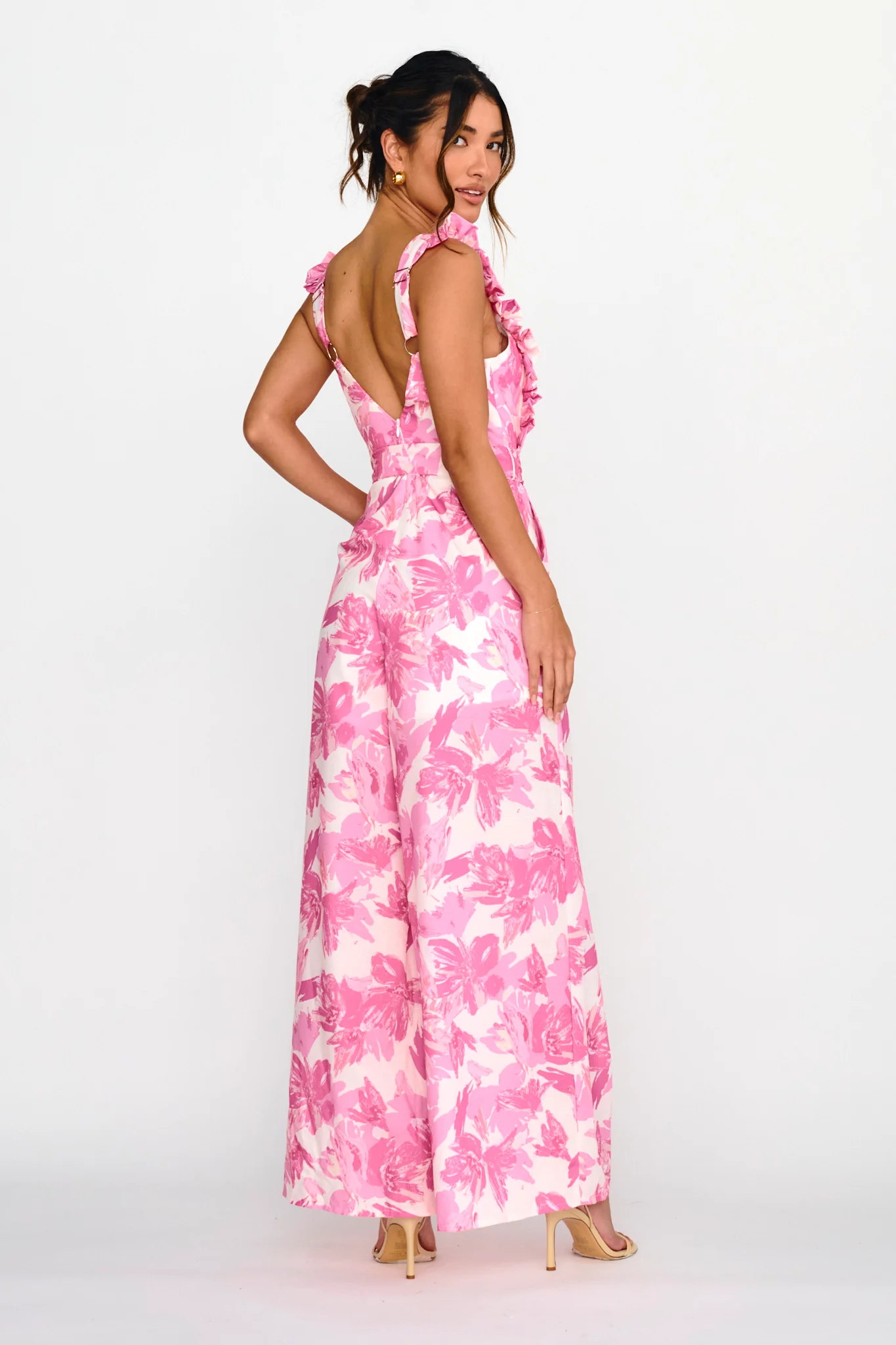 All For Love Square Neckline Ruffle Strap Jumpsuit Floral Pink - Ruaus