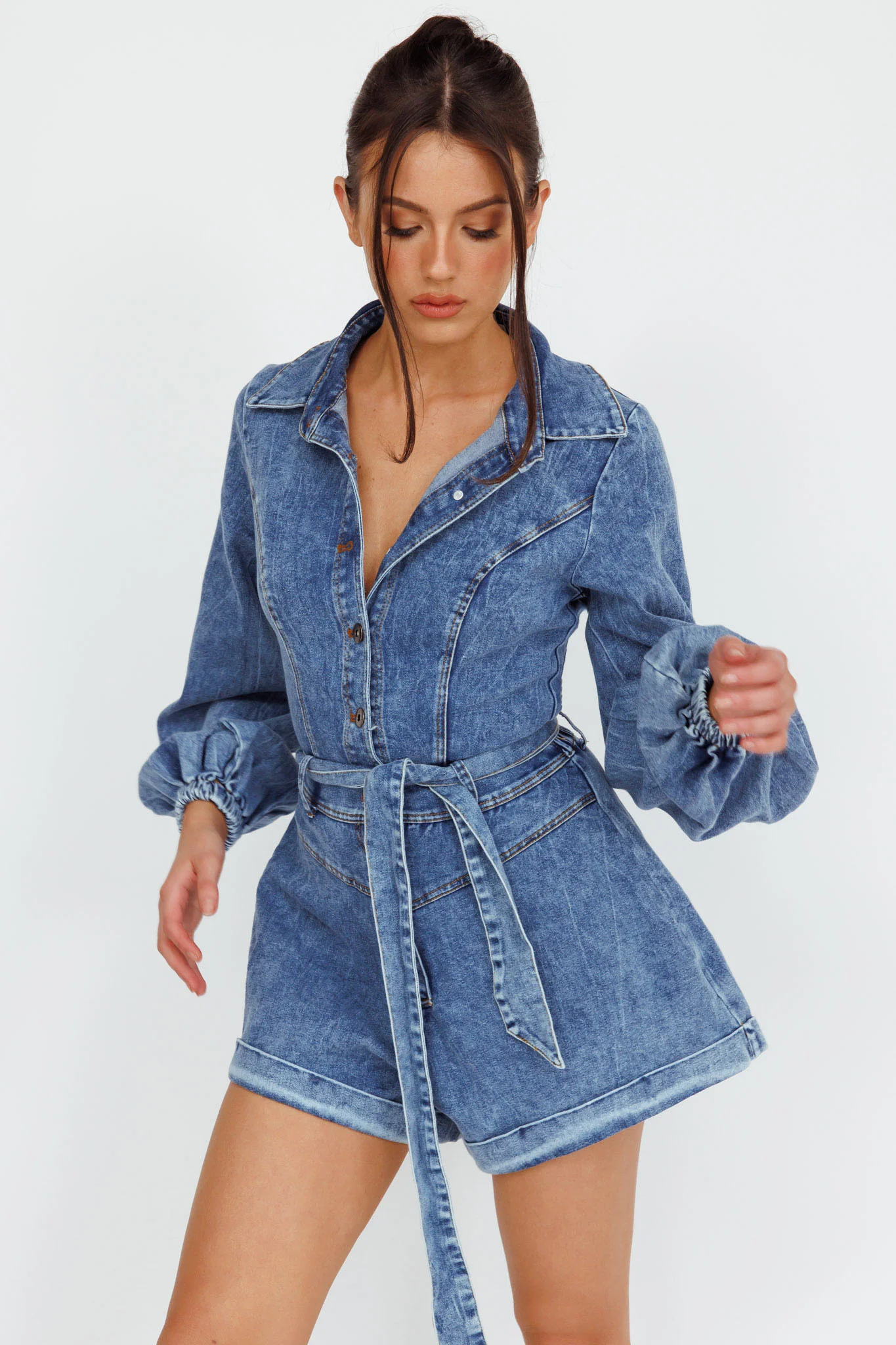 New Day Long Sleeve Button-Up Romper Denim - Ruaus