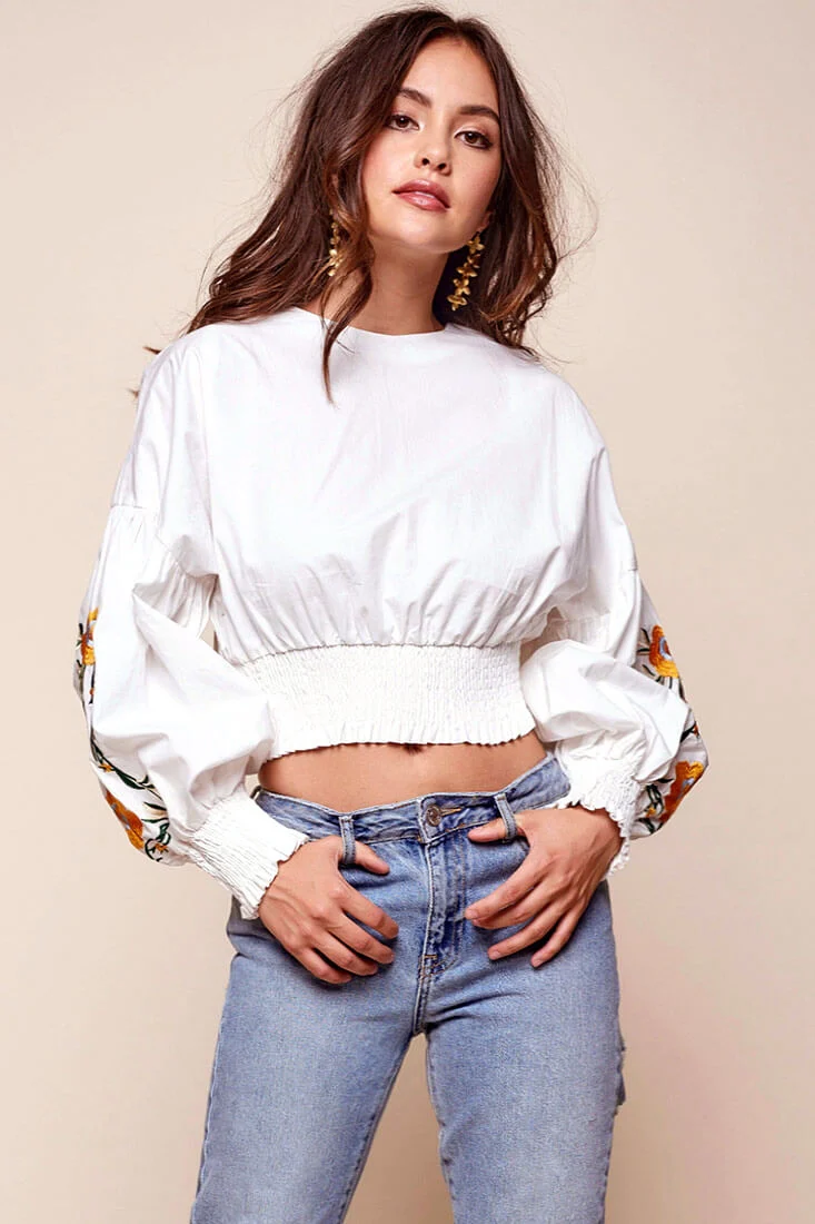 Halle Floral Puff Sleeved Cropped Top White - Ruaus