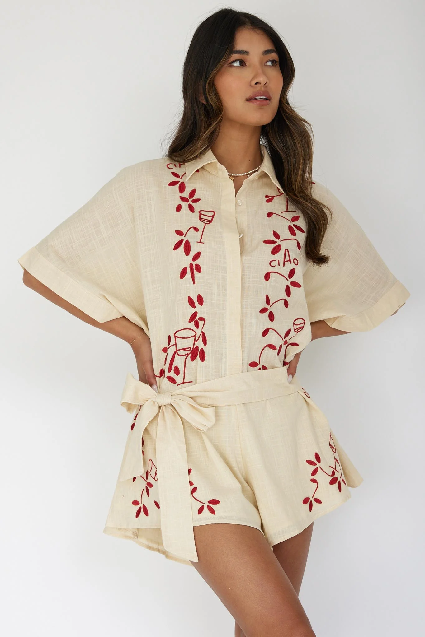 Daytona Beach Button-Up Romper Embroidered Oat - Ruaus