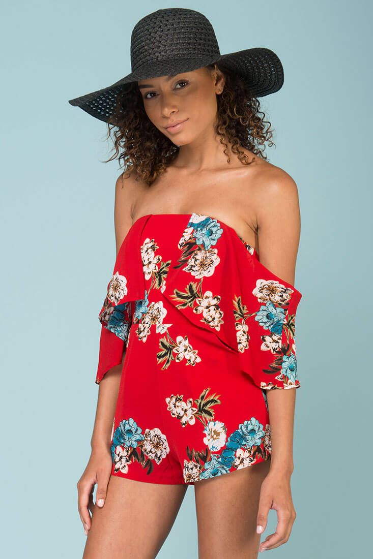 Dixie Floral Print Romper Red - Ruaus