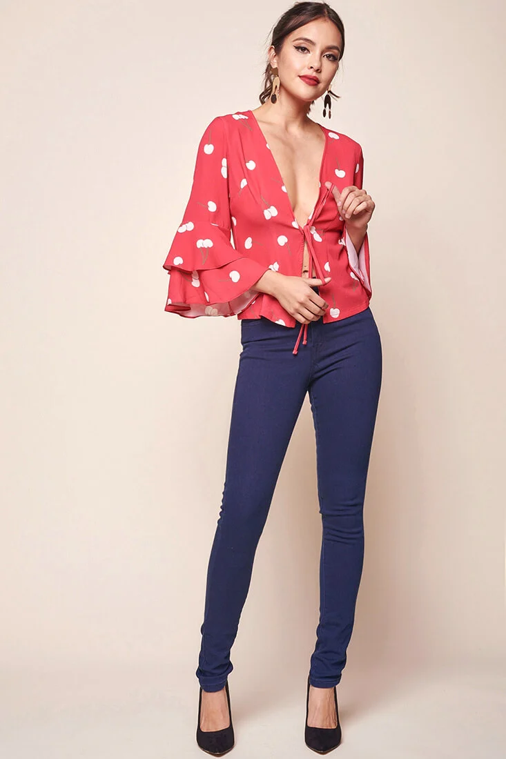 Robbi Cherry on Top Deep V Bell Sleeved Top Red - Ruaus