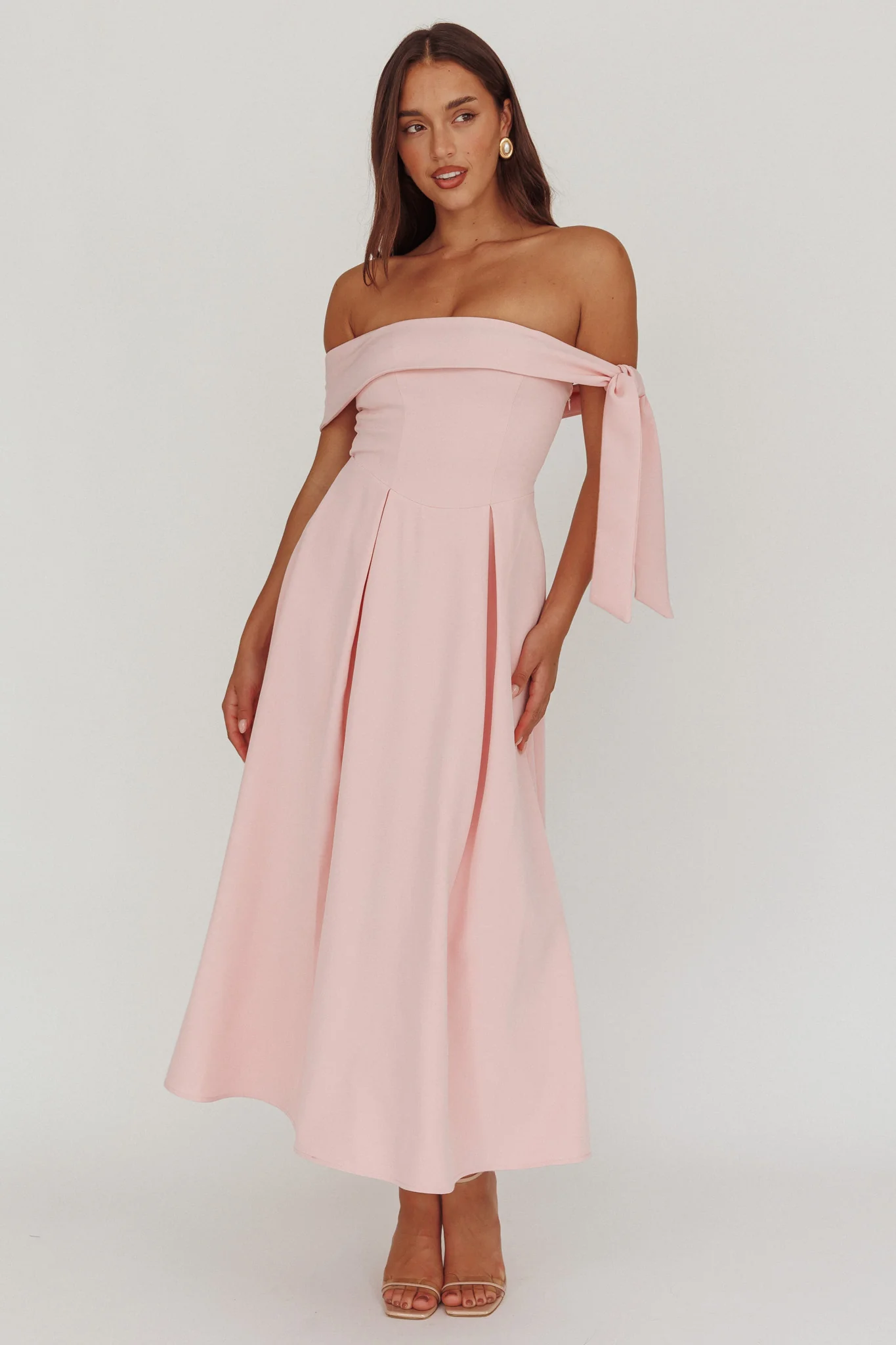 Aurora Sky Off-Shoulder Box Pleat Midi Dress Pink - Ruaus