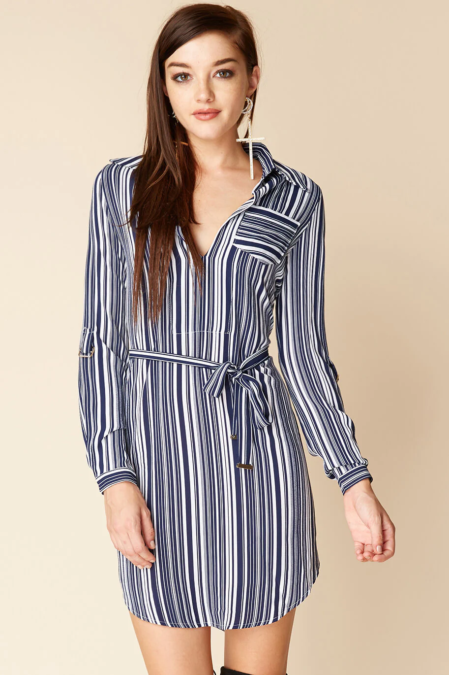 Mia Belted Shirt Dress Navy / White - Ruaus