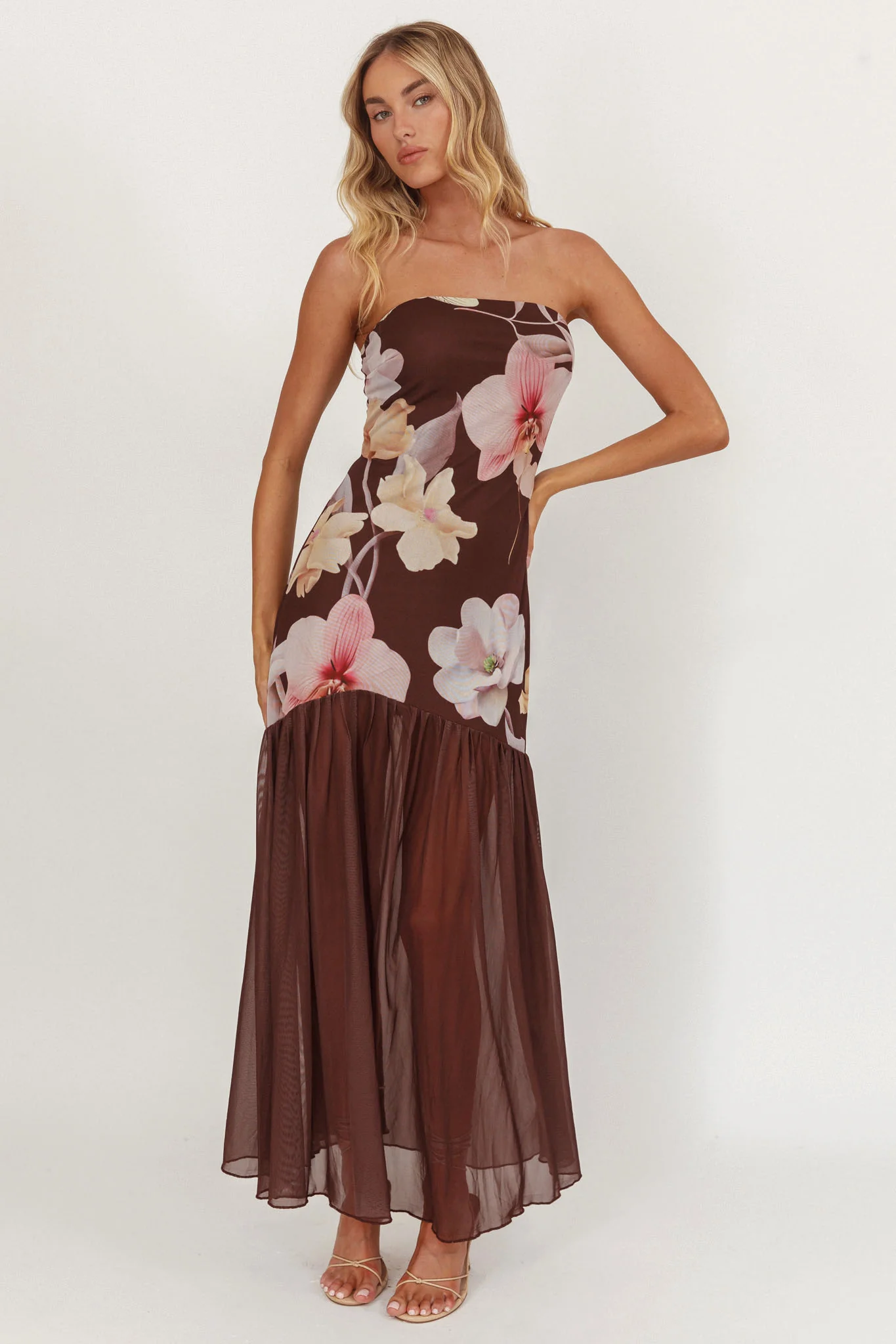 Wilma Sheer Hem Strapless Midi Dress Orchids Brown - Ruaus